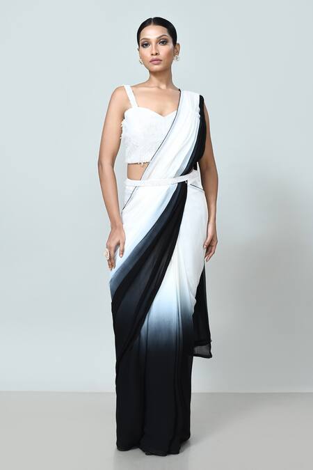 Sayisha_Black Georgette, Net Beads, Embroidery Ombre Pre-draped Saree With Blouse _Online_at_Aza_Fashions