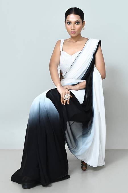 Buy_Sayisha_Black Georgette, Net Beads, Embroidery Ombre Pre-draped Saree With Blouse _Online_at_Aza_Fashions