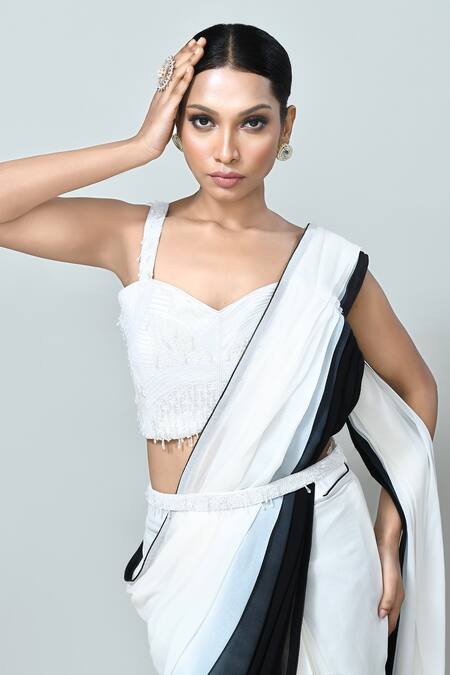 Sayisha_Black Georgette, Net Beads, Embroidery Ombre Pre-draped Saree With Blouse _at_Aza_Fashions