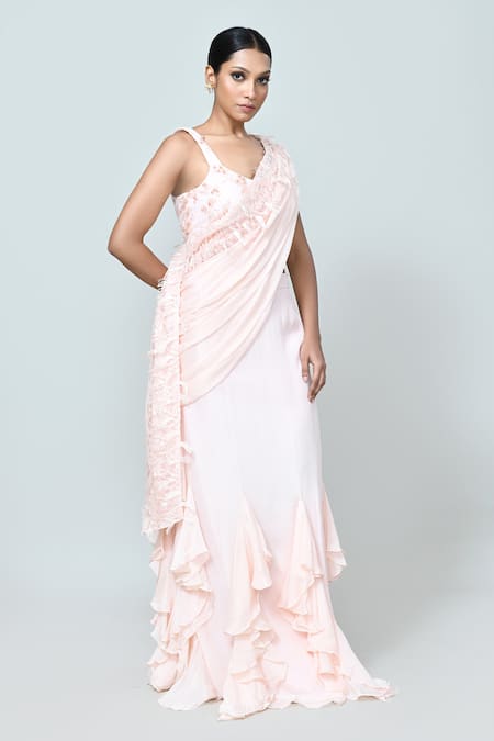 Sayisha_Peach Chinon, Chiffon, Net Ruffles, Embroidery, Pre-draped Saree With Blouse _Online_at_Aza_Fashions