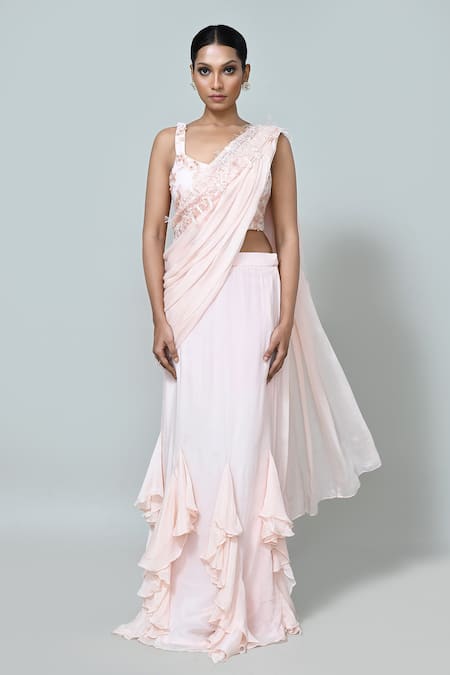 Buy_Sayisha_Peach Chinon, Chiffon, Net Ruffles, Embroidery, Pre-draped Saree With Blouse _Online_at_Aza_Fashions