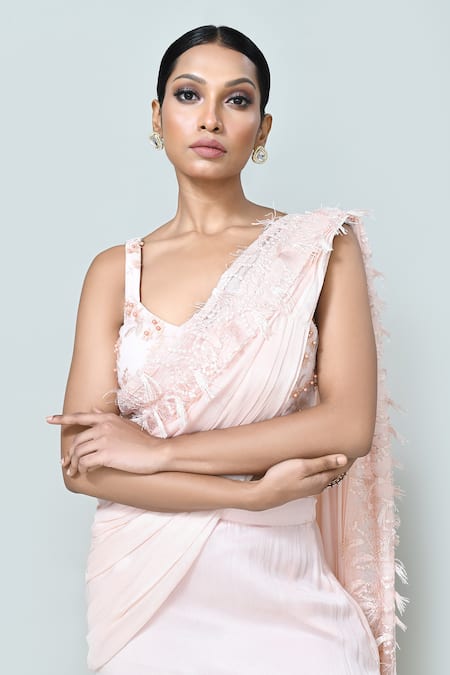 Buy_Sayisha_Peach Chinon, Chiffon, Net Ruffles, Embroidery, Pre-draped Saree With Blouse 