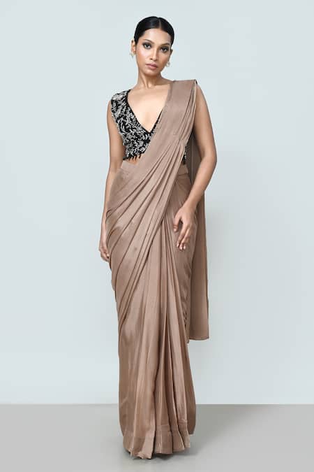 Sayisha_Brown Chinon, Chiffon, Crepe Embroidery, Plain Pre-draped Saree With Blouse _Online_at_Aza_Fashions
