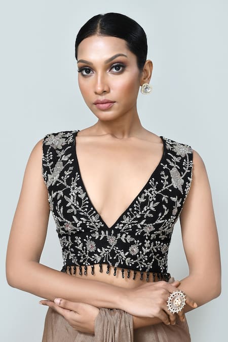 Buy_Sayisha_Brown Chinon, Chiffon, Crepe Embroidery, Plain Pre-draped Saree With Blouse _Online_at_Aza_Fashions