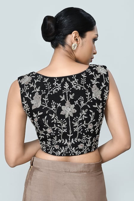 Sayisha_Brown Chinon, Chiffon, Crepe Embroidery, Plain Pre-draped Saree With Blouse _at_Aza_Fashions