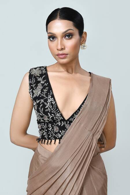 Buy_Sayisha_Brown Chinon, Chiffon, Crepe Embroidery, Plain Pre-draped Saree With Blouse 