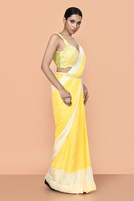 Sayisha_Yellow Chinon, Chiffon, Net Embroidery, Pre-draped Saree With Embellished Blouse _Online_at_Aza_Fashions