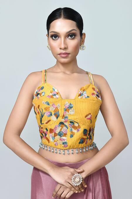 Shop_Sayisha_Pink Chinon, Chiffon, Silk Pre-draped Saree With Floral Embellished Blouse _Online_at_Aza_Fashions