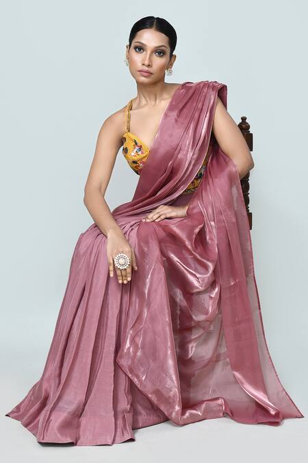 Sayisha_Pink Chinon, Chiffon, Silk Pre-draped Saree With Floral Embellished Blouse _at_Aza_Fashions