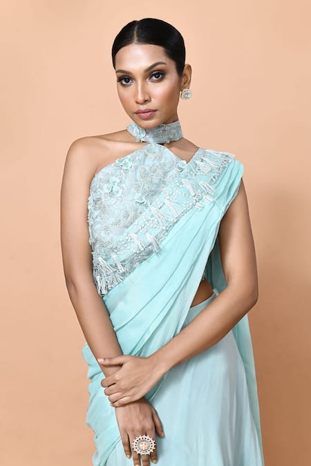 Sayisha_Green Chinon, Net Embroidery, Fabric Ruffle Pre-draped Saree With Blouse _Online_at_Aza_Fashions