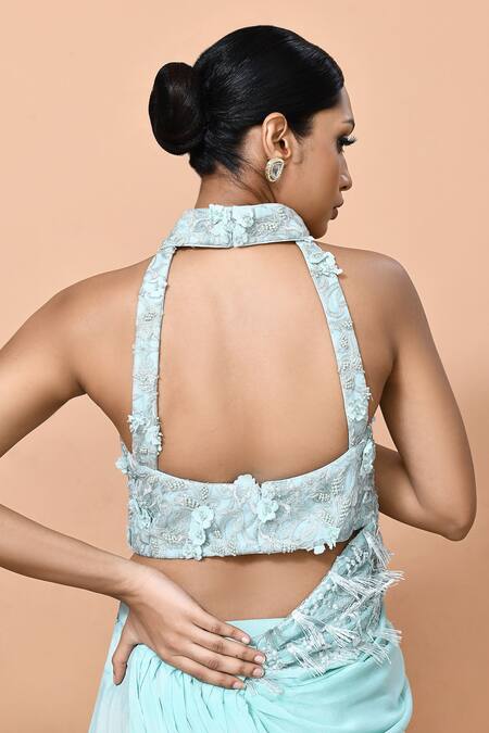 Buy_Sayisha_Green Chinon, Net Embroidery, Fabric Ruffle Pre-draped Saree With Blouse _Online_at_Aza_Fashions