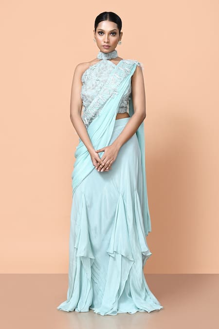Shop_Sayisha_Green Chinon, Net Embroidery, Fabric Ruffle Pre-draped Saree With Blouse _Online_at_Aza_Fashions