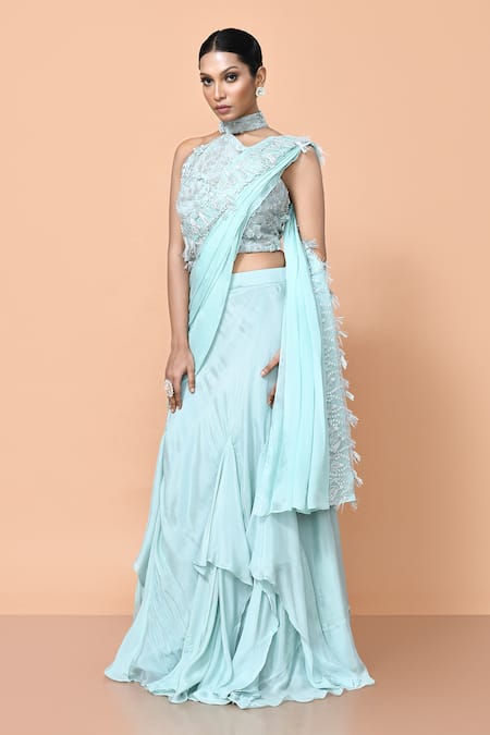 Sayisha_Green Chinon, Net Embroidery, Fabric Ruffle Pre-draped Saree With Blouse _at_Aza_Fashions