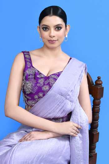 SAYISHA_Lavender Silk Embroidery, Beads Sweetheart Neck Pre-draped Saree With Blouse _Online_at_Aza_Fashions