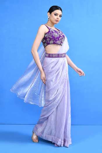 Shop_SAYISHA_Lavender Silk Embroidery, Beads Sweetheart Neck Pre-draped Saree With Blouse _Online_at_Aza_Fashions