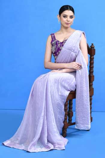 SAYISHA_Lavender Silk Embroidery, Beads Sweetheart Neck Pre-draped Saree With Blouse _at_Aza_Fashions