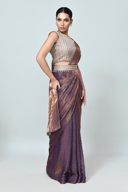 Sayisha_Purple Silk Zari, Beads, Sequins Round Neck Embellished Draped Saree With Blouse _Online_at_Aza_Fashions