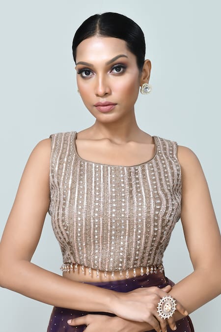 Buy_Sayisha_Purple Silk Zari, Beads, Sequins Round Neck Embellished Draped Saree With Blouse _Online_at_Aza_Fashions