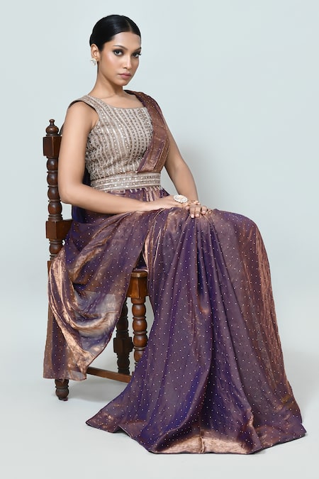 Sayisha_Purple Silk Zari, Beads, Sequins Round Neck Embellished Draped Saree With Blouse _at_Aza_Fashions