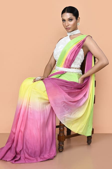 Sayisha_Green Chinon, Chiffon, Net Embroidery, Draped Saree With Embellished Blouse _Online_at_Aza_Fashions