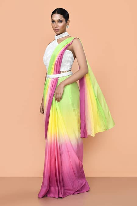 Buy_Sayisha_Green Chinon, Chiffon, Net Embroidery, Draped Saree With Embellished Blouse _Online_at_Aza_Fashions