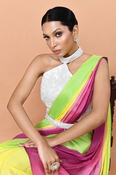 Shop_Sayisha_Green Chinon, Chiffon, Net Embroidery, Draped Saree With Embellished Blouse _Online_at_Aza_Fashions