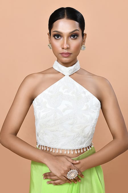 Sayisha_Green Chinon, Chiffon, Net Embroidery, Draped Saree With Embellished Blouse _at_Aza_Fashions