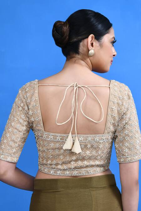 Buy_Sayisha_Brown Chinon, Chiffon, Net Beads, Pre-draped Saree With Embellished Blouse _Online_at_Aza_Fashions