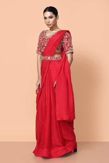 Sayisha_Red Viscose, Organza, Net Embroidery, Pre-draped Saree With Floral Blouse _Online_at_Aza_Fashions