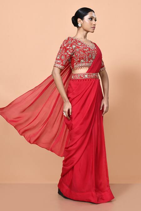 Buy_Sayisha_Red Viscose, Organza, Net Embroidery, Pre-draped Saree With Floral Blouse _Online_at_Aza_Fashions