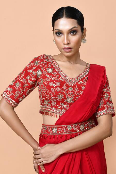 Sayisha_Red Viscose, Organza, Net Embroidery, Pre-draped Saree With Floral Blouse _at_Aza_Fashions
