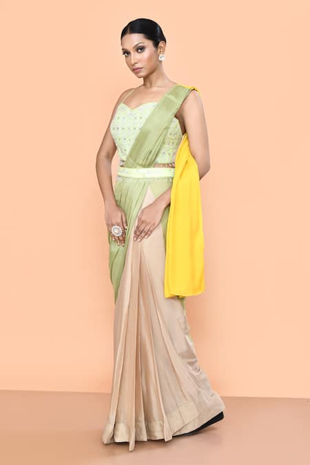 Sayisha_Green Chinon, Chiffon, Net Embroidery, Colorblock Pre-draped Saree With Blouse _Online_at_Aza_Fashions