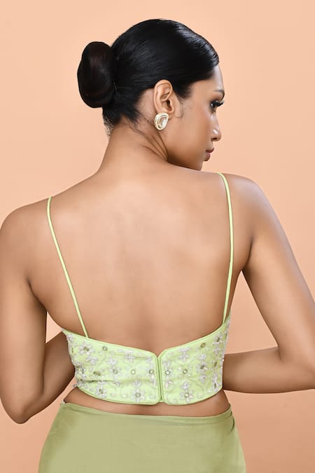 Buy_Sayisha_Green Chinon, Chiffon, Net Embroidery, Colorblock Pre-draped Saree With Blouse _Online_at_Aza_Fashions