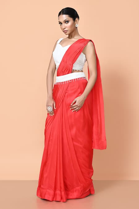 Sayisha_Red Organza, Viscose, Silk Beads, Solid Draped Saree With Embellished Blouse _Online_at_Aza_Fashions