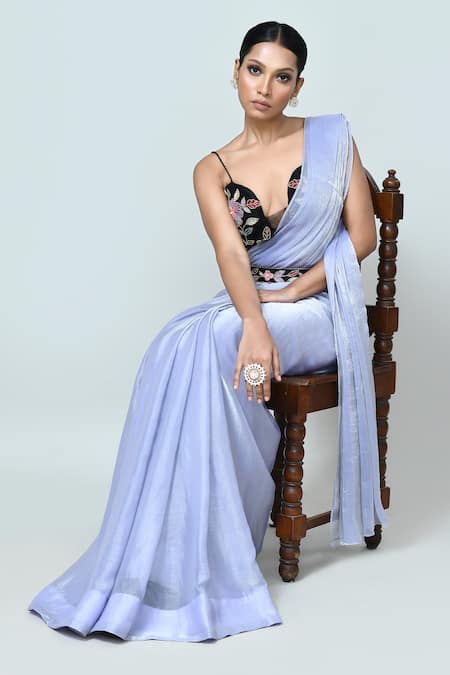 Sayisha_Sky Blue Chiffon, Net Embroidery V-neck Solid Draped Saree With Blouse _Online_at_Aza_Fashions