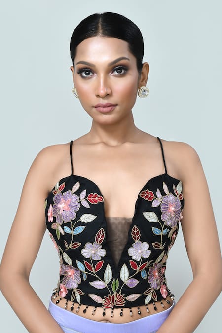 Shop_Sayisha_Sky Blue Chiffon, Net Embroidery V-neck Solid Draped Saree With Blouse _Online_at_Aza_Fashions