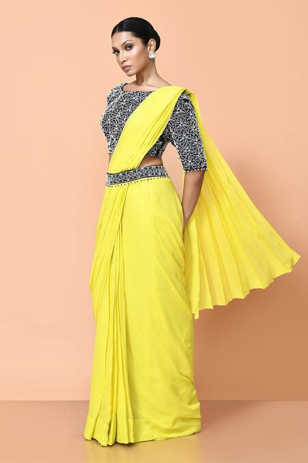 Buy_Sayisha_Yellow Georgette, Net Embroidery Solid Draped Saree With Embellished Blouse _Online_at_Aza_Fashions