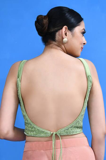 Buy_Sayisha_Peach Chinon, Net Mirrors, Solid Draped Saree With Embellished Blouse _Online_at_Aza_Fashions