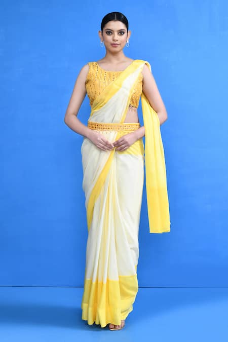Sayisha White & Yellow Draped Saree With Blouse 