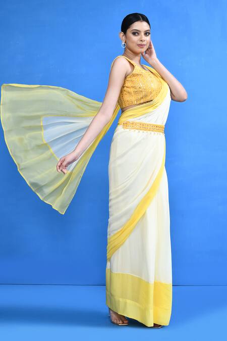 Buy_Sayisha_White Chinon, Chiffon, Silk Mirrors, Sequins And Yellow Draped Saree With Blouse _Online_at_Aza_Fashions
