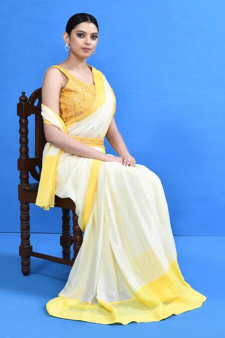 Shop_Sayisha_White Chinon, Chiffon, Silk Mirrors, Sequins And Yellow Draped Saree With Blouse _Online_at_Aza_Fashions