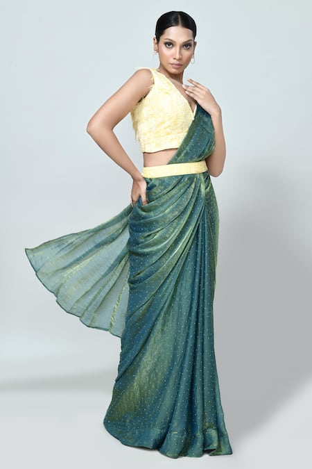 Sayisha_Green Silk, Net Embroidery, Fringe Embellished Pre-draped Saree With Blouse _Online_at_Aza_Fashions