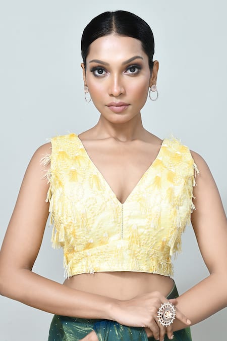 Shop_Sayisha_Green Silk, Net Embroidery, Fringe Embellished Pre-draped Saree With Blouse _Online_at_Aza_Fashions