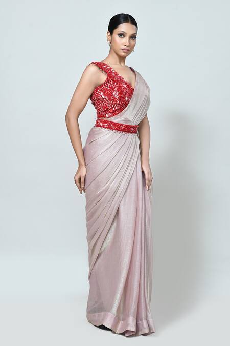 Sayisha_Pink Chiffon, Chinon Sequins, Beads V-neck Shimmer Pre-draped Saree With Blouse _Online_at_Aza_Fashions