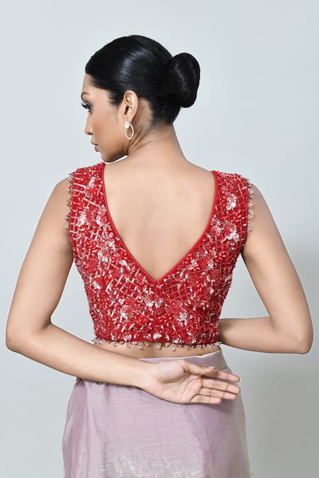 Buy_Sayisha_Pink Chiffon, Chinon Sequins, Beads V-neck Shimmer Pre-draped Saree With Blouse _Online_at_Aza_Fashions