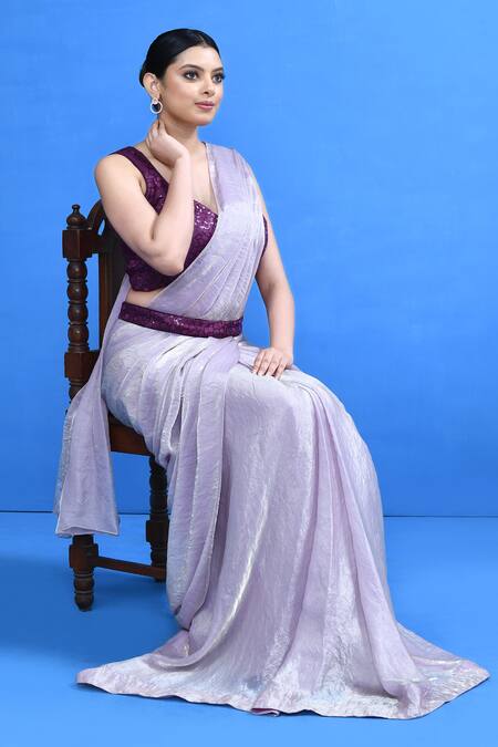 Sayisha_Mauve Chiffon, Chinon Sequins Sweetheart Shimmer Pre-draped Saree With Blouse _Online_at_Aza_Fashions
