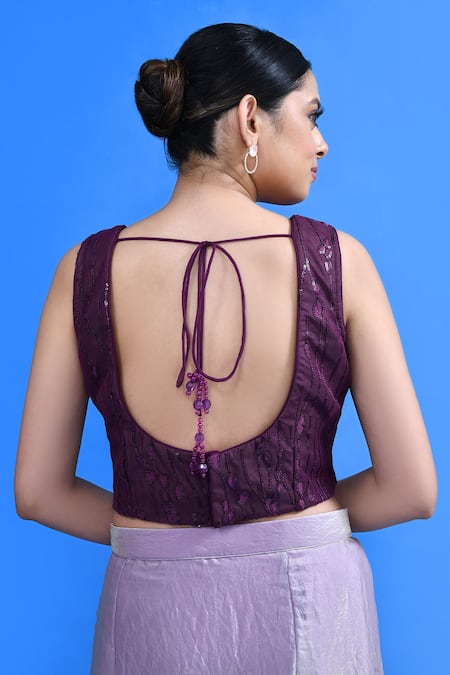 Shop_Sayisha_Mauve Chiffon, Chinon Sequins Sweetheart Shimmer Pre-draped Saree With Blouse _Online_at_Aza_Fashions