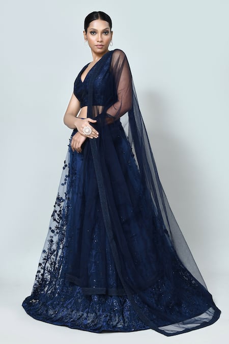 Sayisha_Navy Net Embroidery, Sequins V-neck Floral Lehenga Set _Online_at_Aza_Fashions