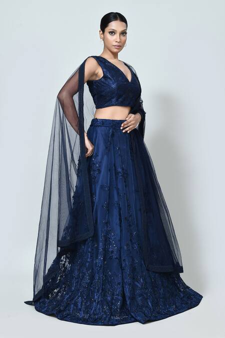 Shop_Sayisha_Navy Net Embroidery, Sequins V-neck Floral Lehenga Set _Online_at_Aza_Fashions