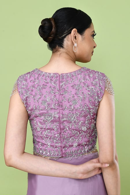 Sayisha_Mauve Silk, Chinon Embroidery, Solid Pre-draped Saree With Sleeveless Blouse _at_Aza_Fashions
